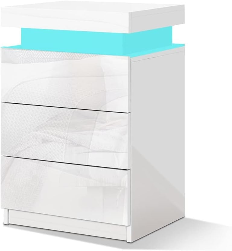 LED Bedside Table with 3 Drawers & RGB Lights | Modern White High Gloss
