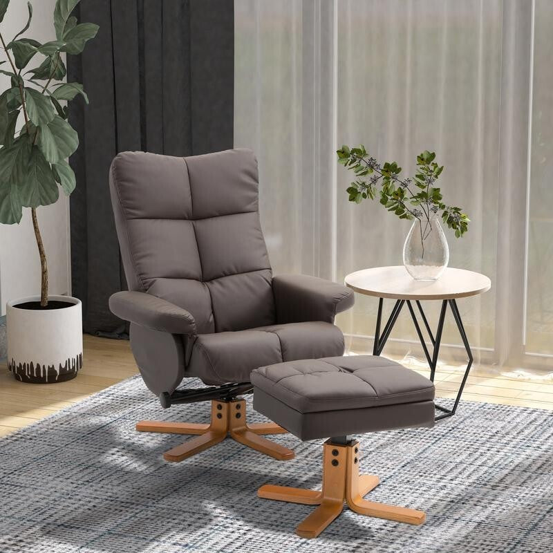 Swivel Recliner Chair & Footstool Faux Leather Lounge Set with Ottoman Storage