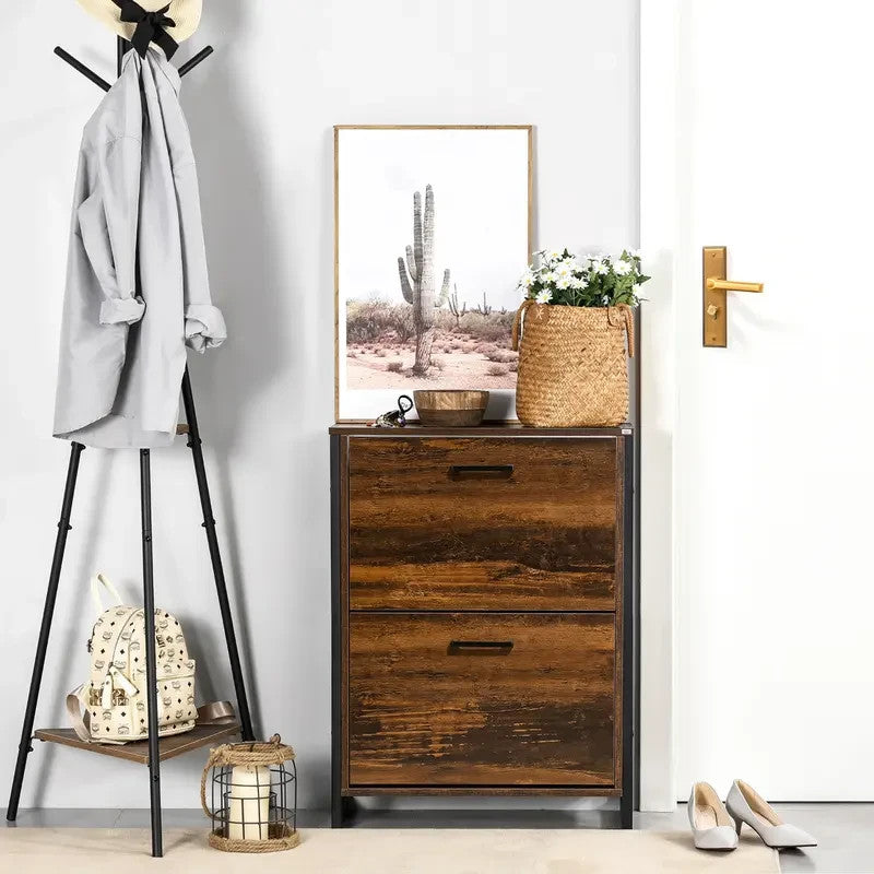 Industrial Shoe Cabinet with 2 Flip Drawers | Slim Rustic Storage Unit