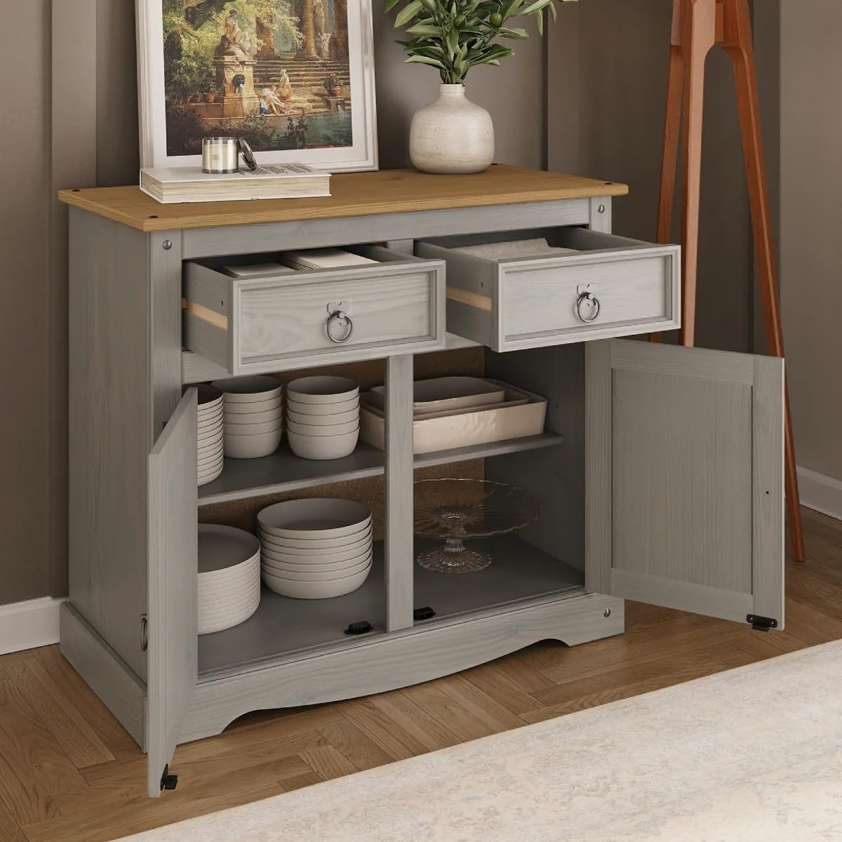Rustic Grey Pine Sideboard Cabinet with 2 Drawers & Doors Storage Cupboard