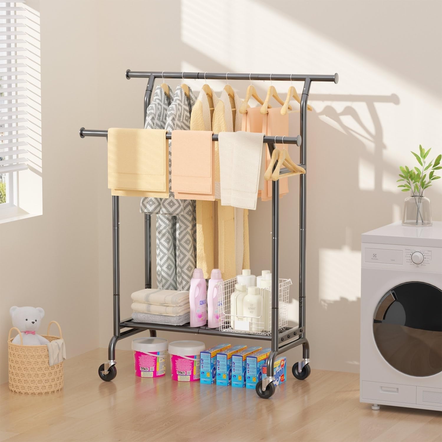 Heavy Duty Double Clothes Rail with Shelves & Wheels – Black