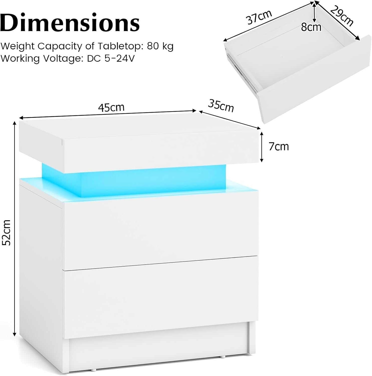 LED Bedside Table, White High Gloss Nightstand with RGB Lights & 2 Drawers