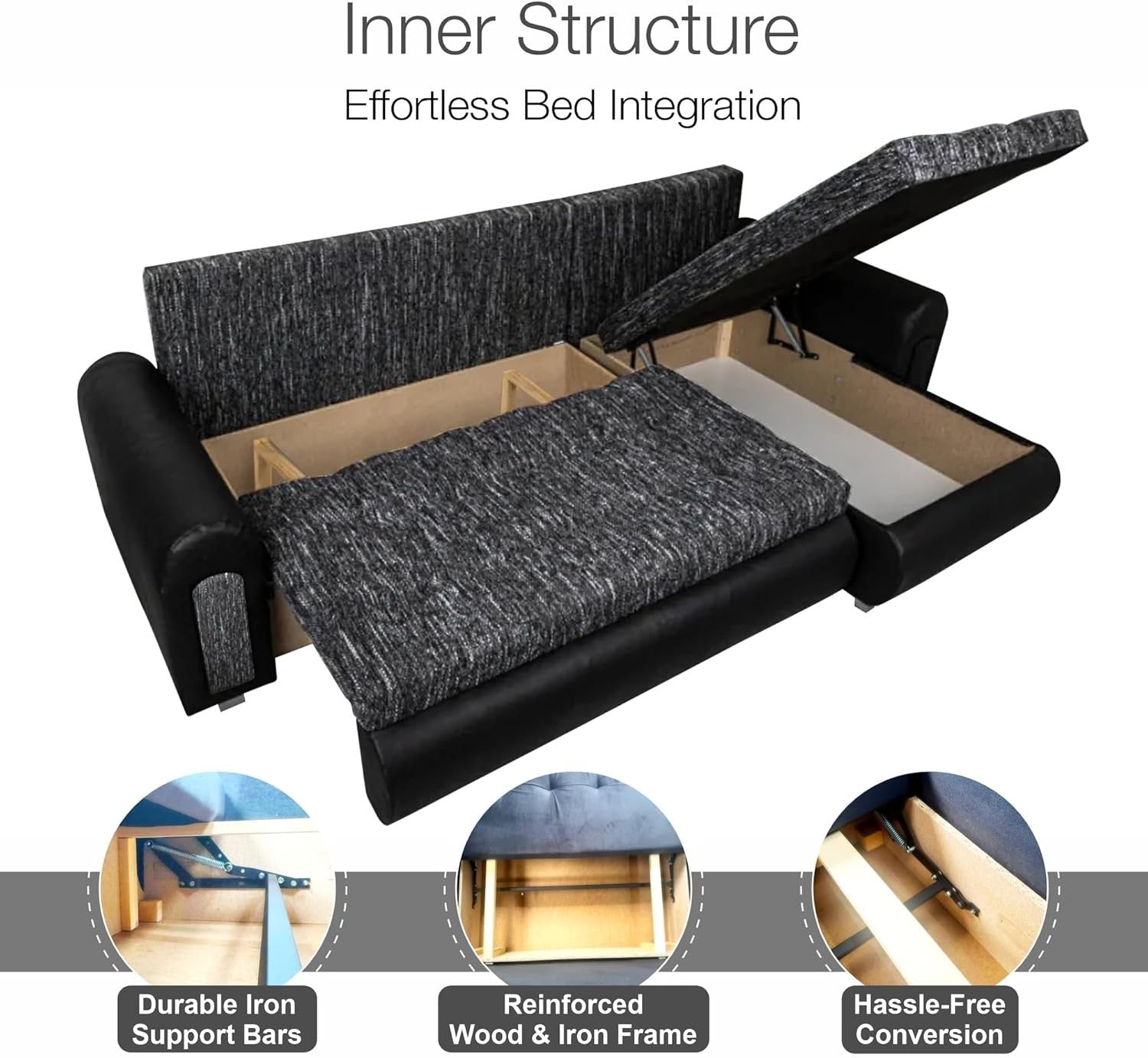 Convertible L-Shape Sofa Bed with Storage – Plush Velvet Charcoal Sleeper