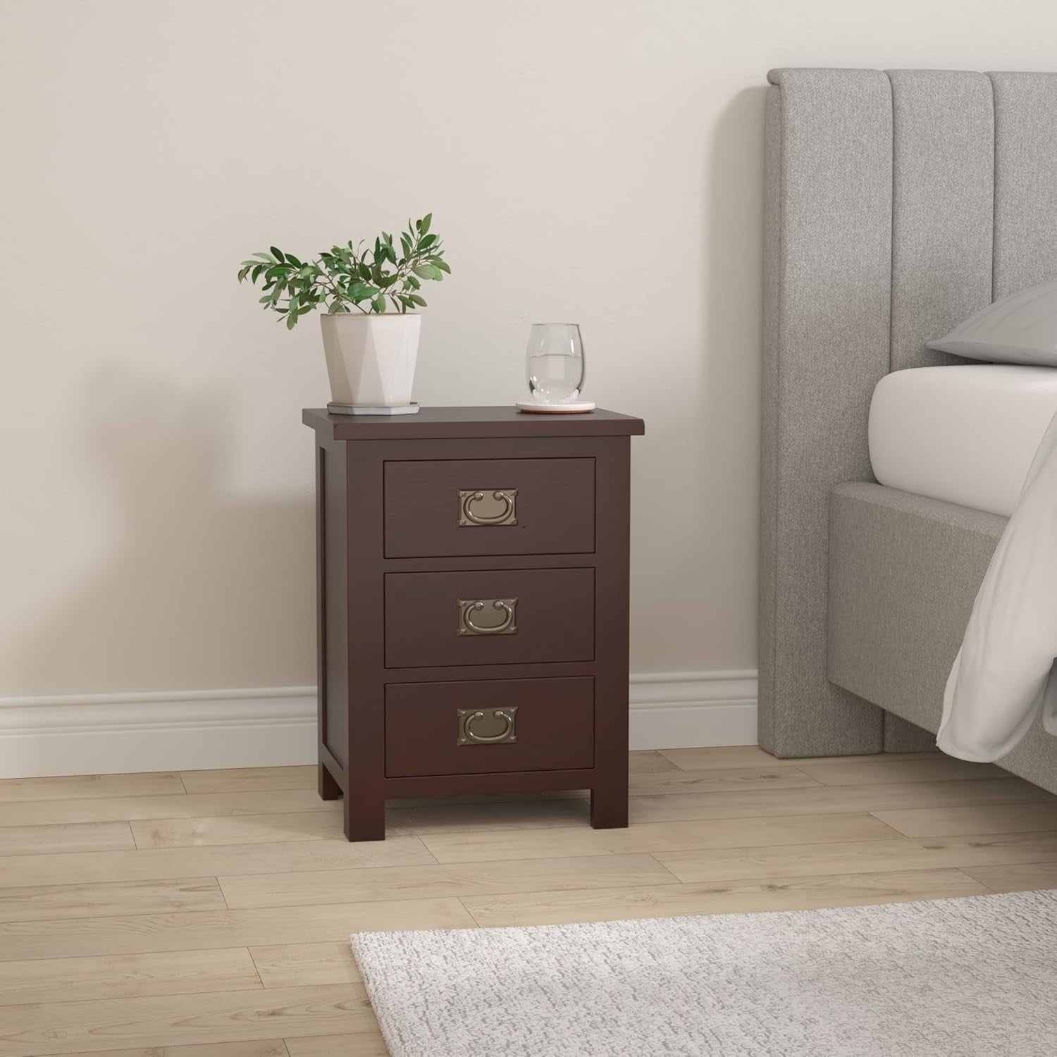 Walnut Oak Bedside Table with 3 Drawers, Solid Wood Nightstand 56x42x32cm