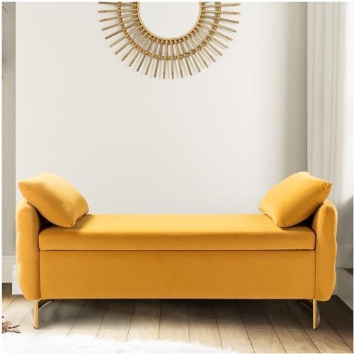 Yellow Storage Ottoman Bench with Pillows & Metal Legs - Bedroom End Seat