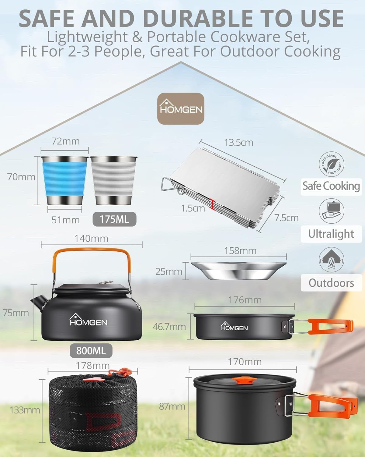 Orange Camping Cookware Set with Pot, Pan, Kettle & Windshield for 2–3 People