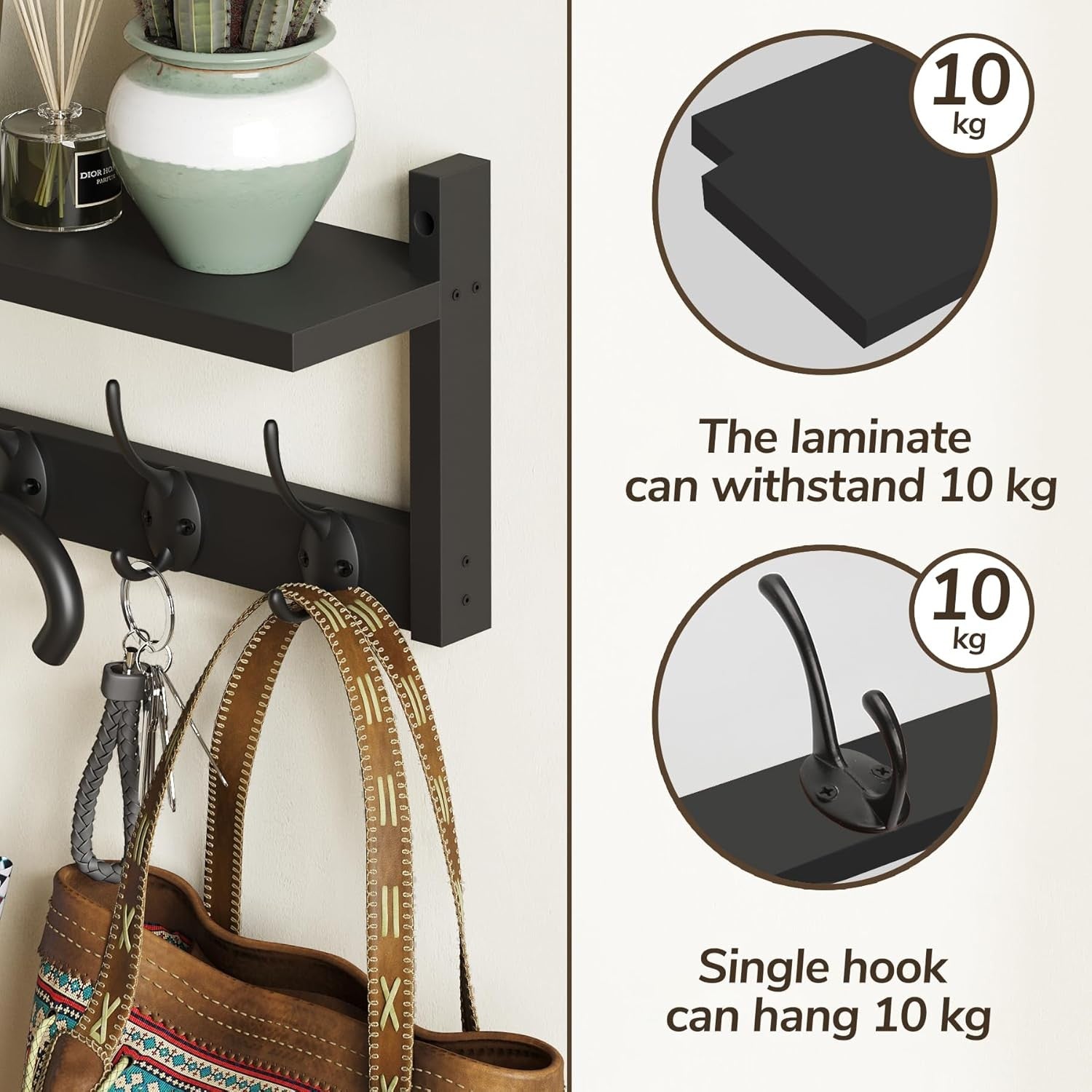 Wooden Wall Coat Rack with Shelf 87cm | 10 Hooks for Coats Hats Keys