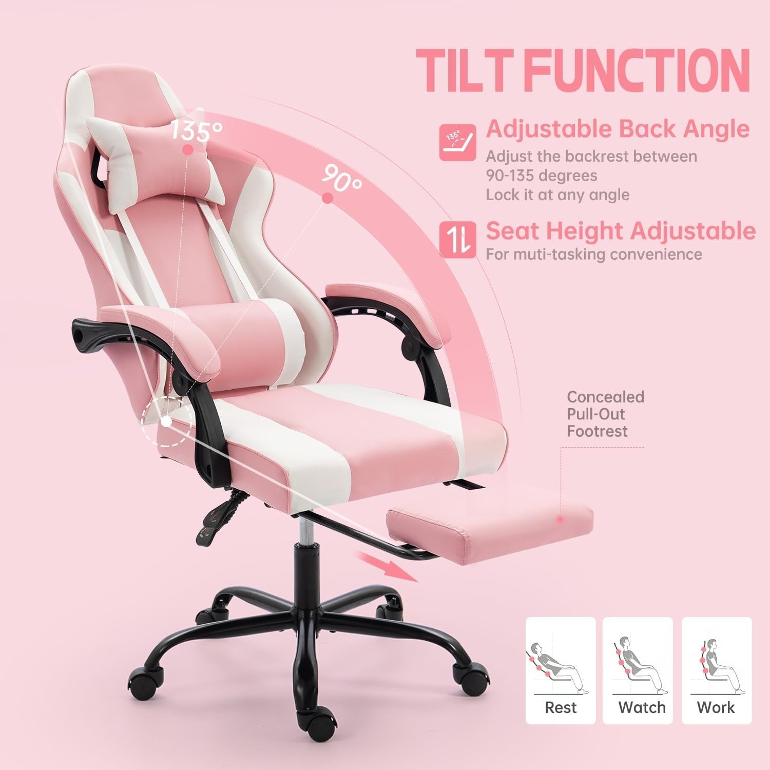Pink Gaming Chair Recliner with Footrest High Back Swivel Desk Seat
