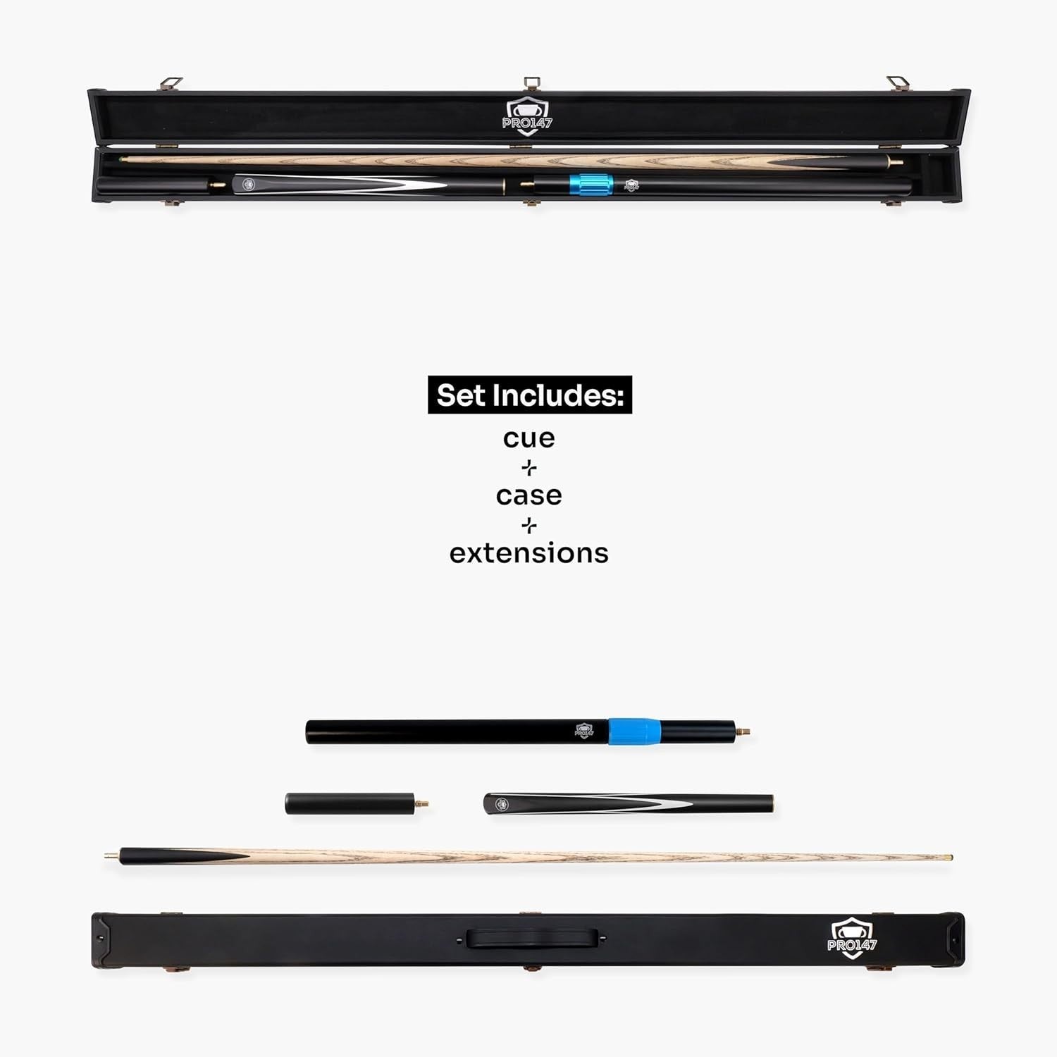 57" 3/4 Joint Ash Snooker Pool Cue 9.5mm Tip Extensions Hard Case