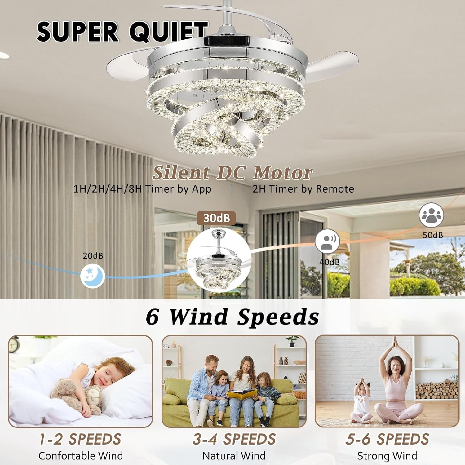 42" Crystal Ceiling Fan, 6 Speeds, Dimmable LED, Remote, Reversible