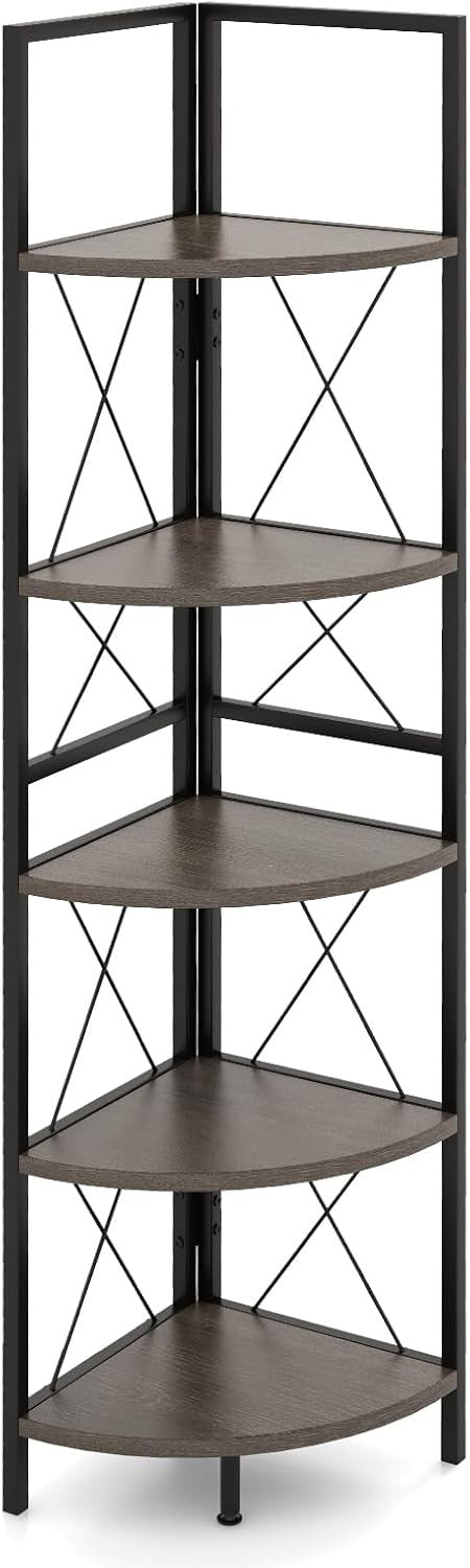 5 Tier Corner Ladder Shelf Oak Wood Display Unit Adjustable Foot Pads 35x35x160