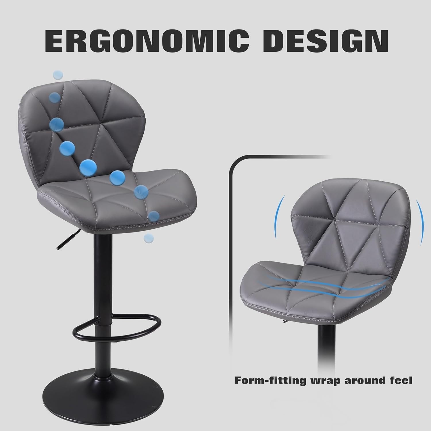 Dark Grey Faux Leather Bar Stools Set of 2 – Adjustable Swivel Kitchen Chairs