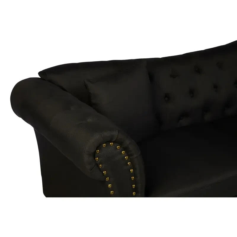 Luxury 3 Seater Black Chesterfield Sofa Fabric Upholstery Scroll Arms