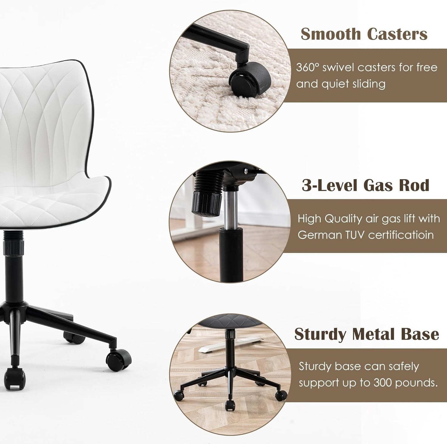 White Faux Leather Swivel Desk Chair Ergonomic Home Office Vanity Rocking Armles