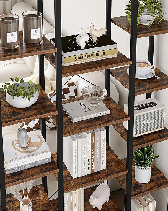 Tall 6 Tier Industrial Bookcase Rustic Brown Black Metal Shelves 15 Cube Storage