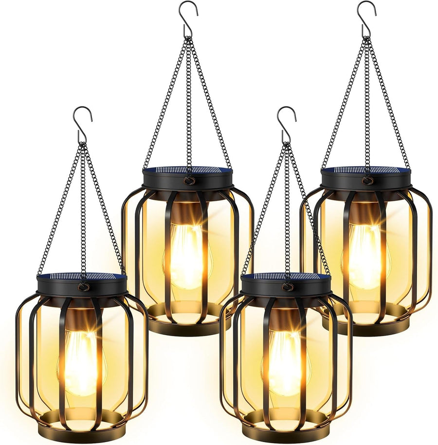 4-Pack Cylindrical Solar Lanterns Outdoor Waterproof Metal Garden Lights