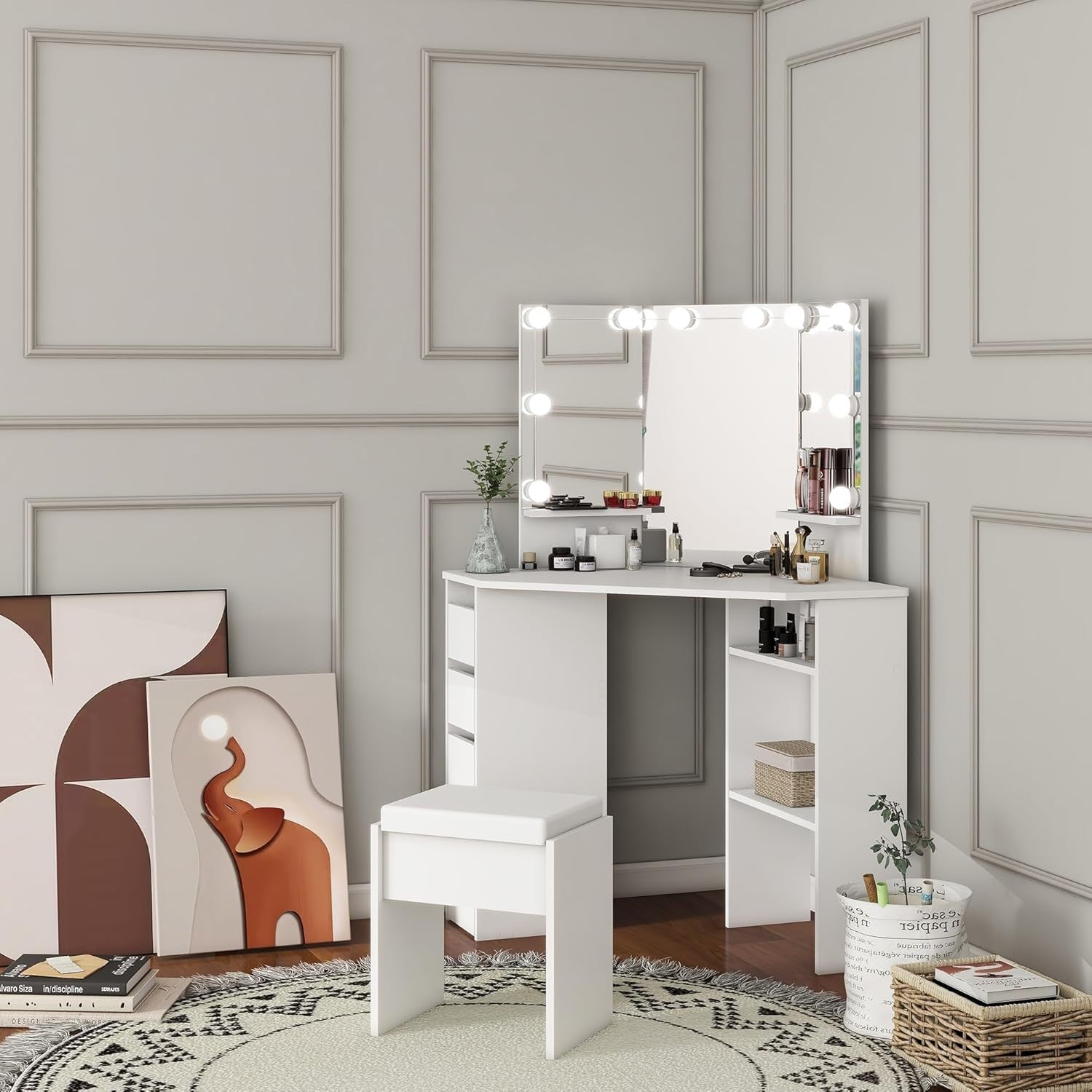 Corner Vanity Dressing Table 3 Fold Mirror 10 LED Lights 5 Drawers White/Black