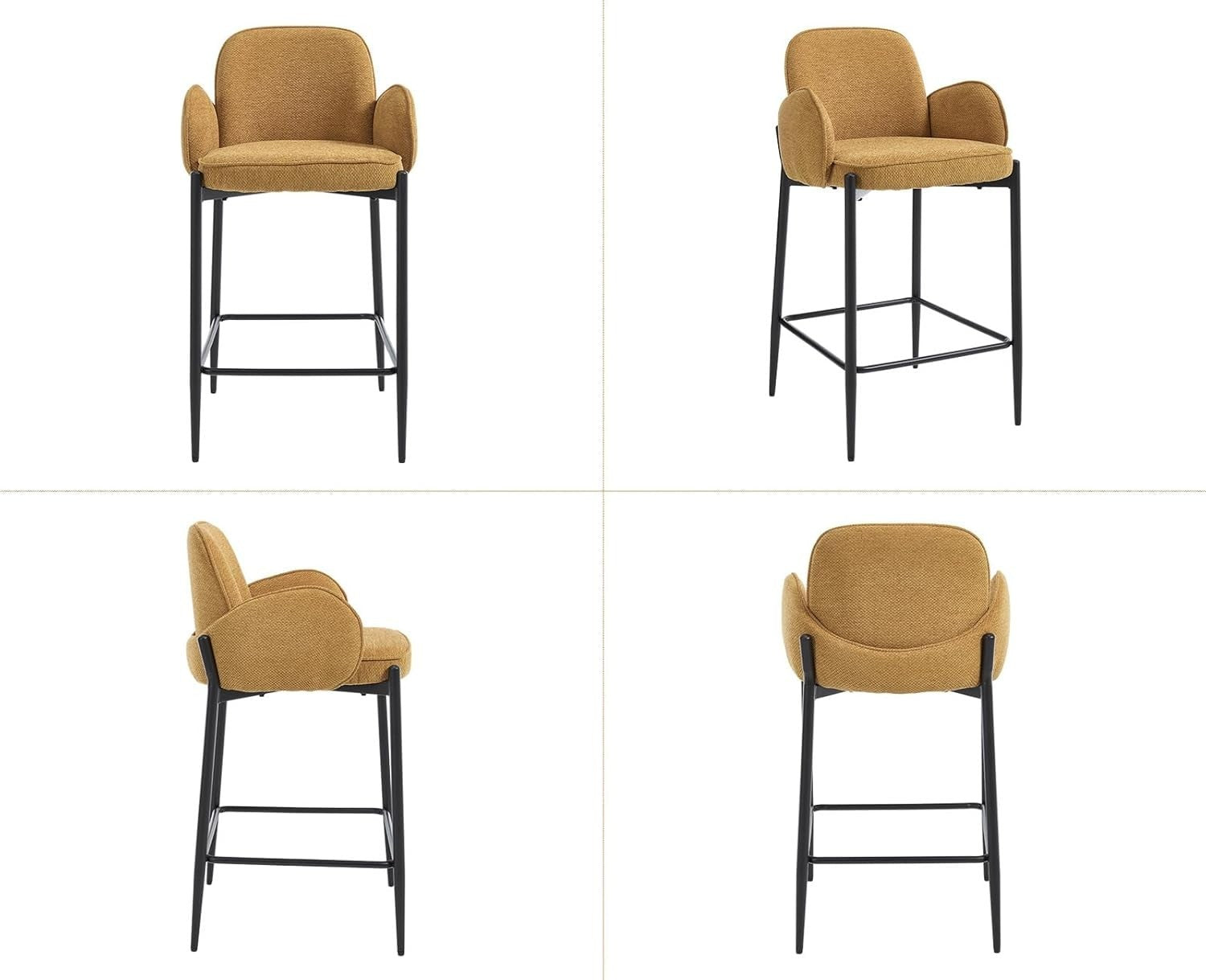 Modern Yellow Bar Stools Set of 2 | Chenille Seat, Metal Legs, Armrest