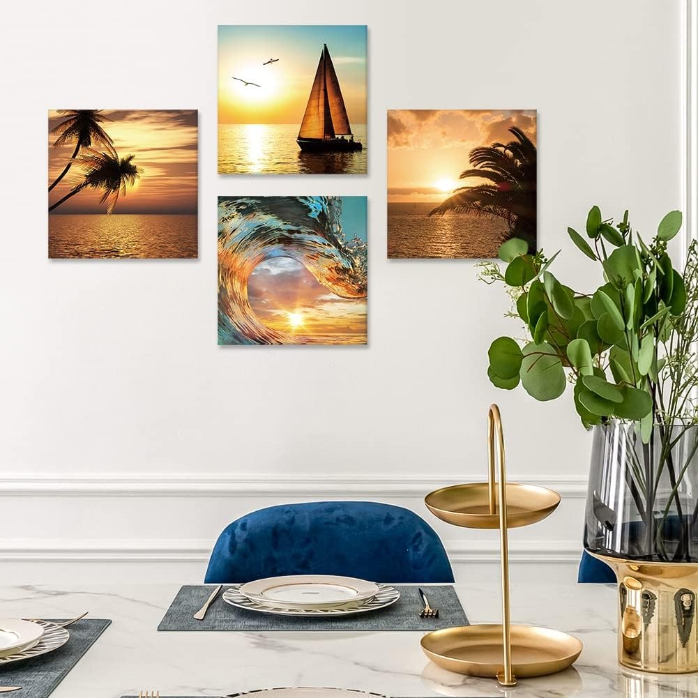 4pcs Coconut Tree Sailboat Canvas Wall Art 30x30cm Modern Decor