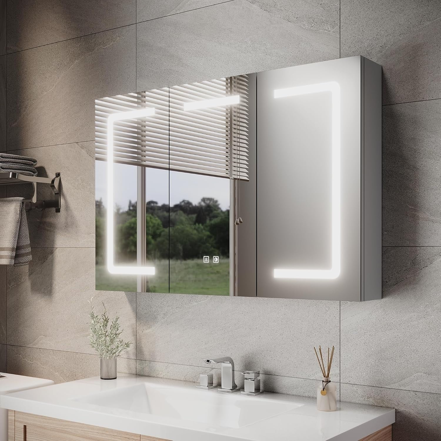 LED Bathroom Mirror Cabinet Triple Door with Anti-Fog, Shaver Socket