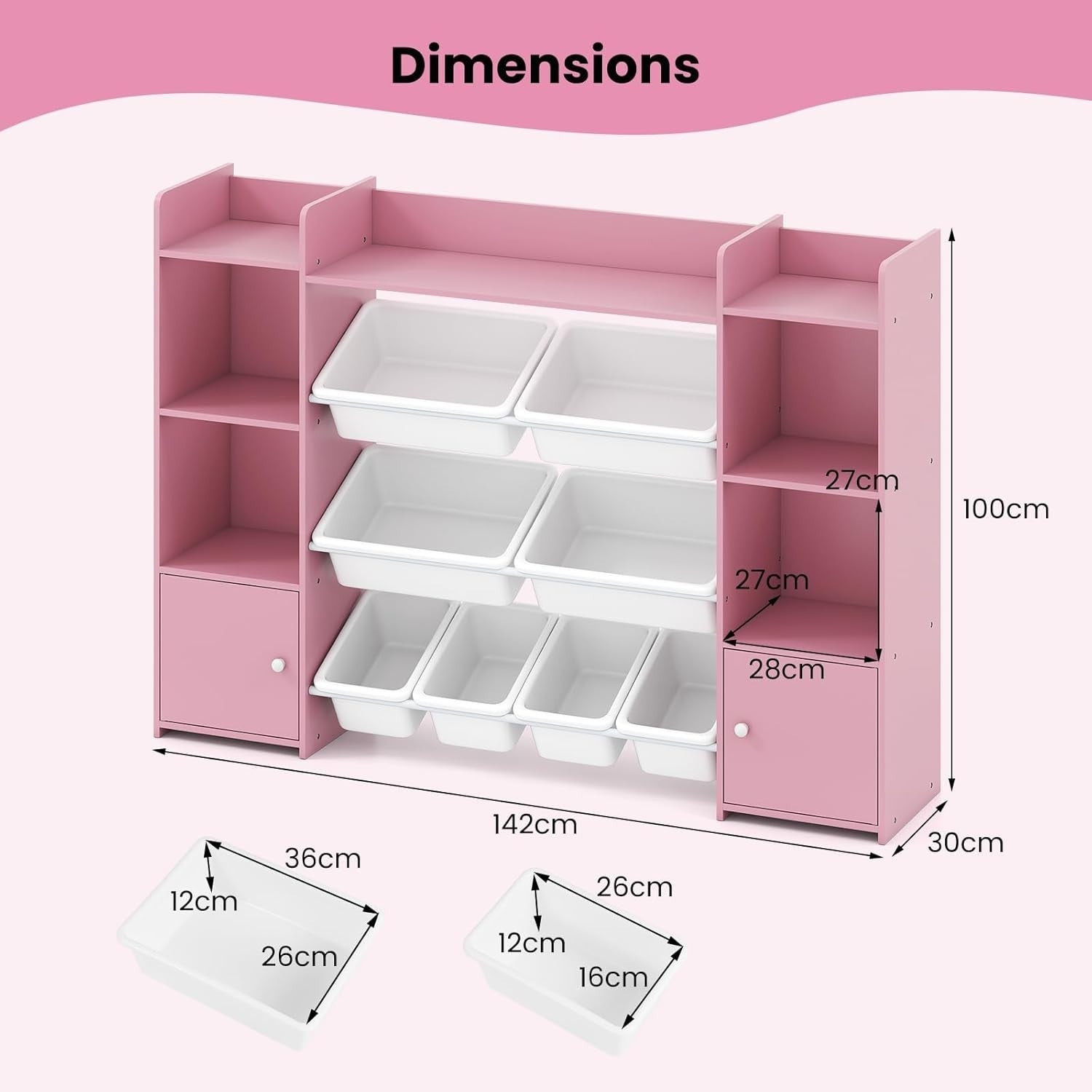 Pink Toy Storage Shelf – Kids 4-Tier Unit with Bins & Cabinets 142cm