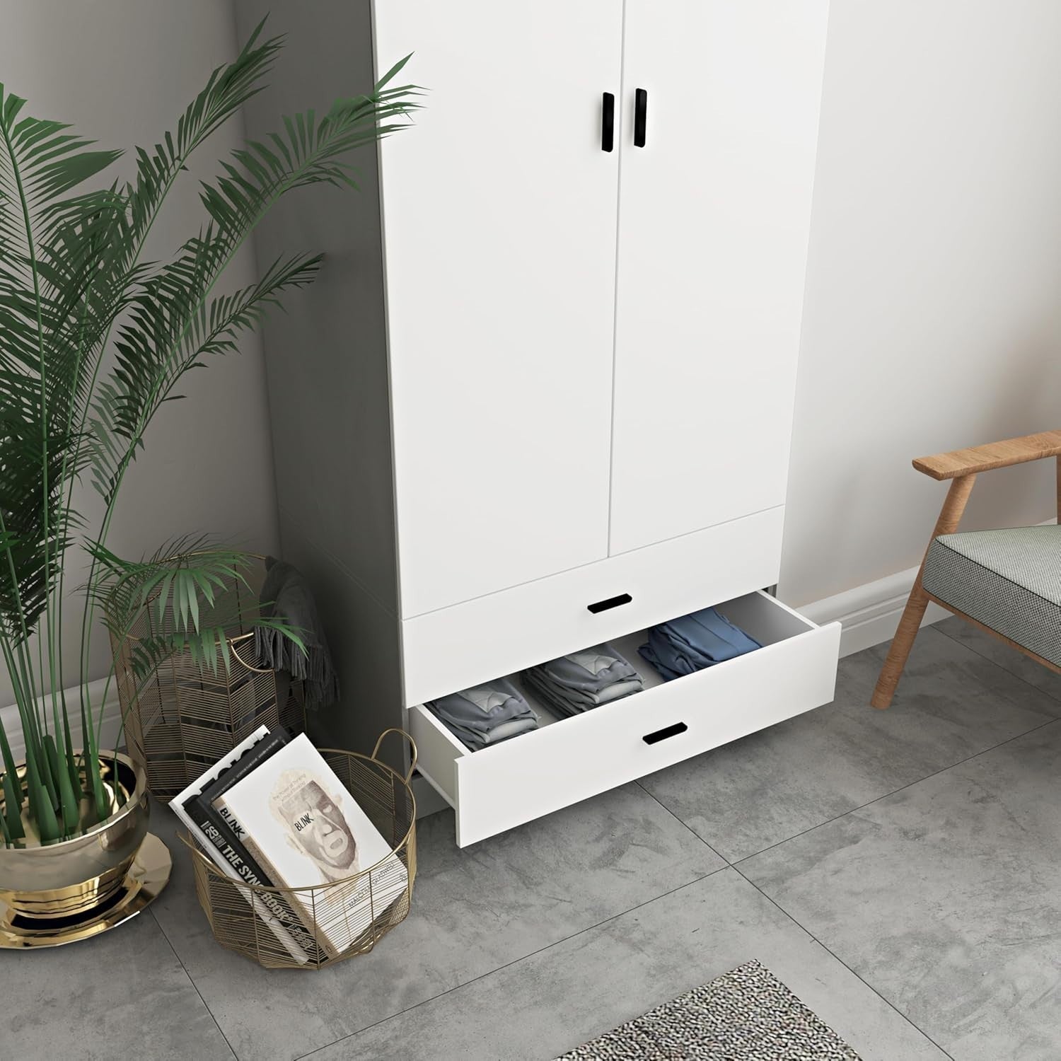 White Drawer 2 Door Wardrobe with Rail | Modern Grey Bedroom Storage Unit