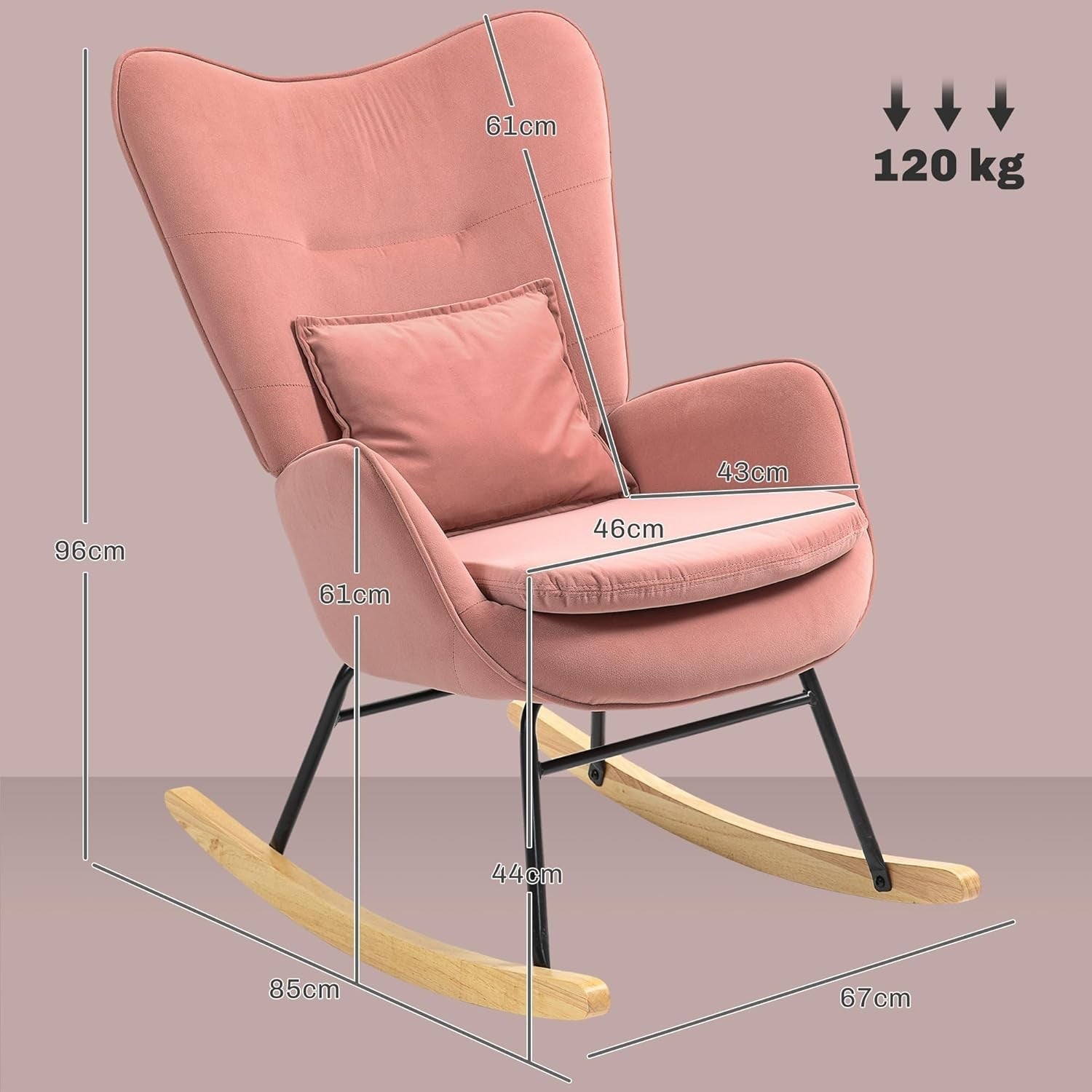 Velvet Rocking Chair with Lumbar Pillow, Wooden Rocker & Metal Legs - Pink