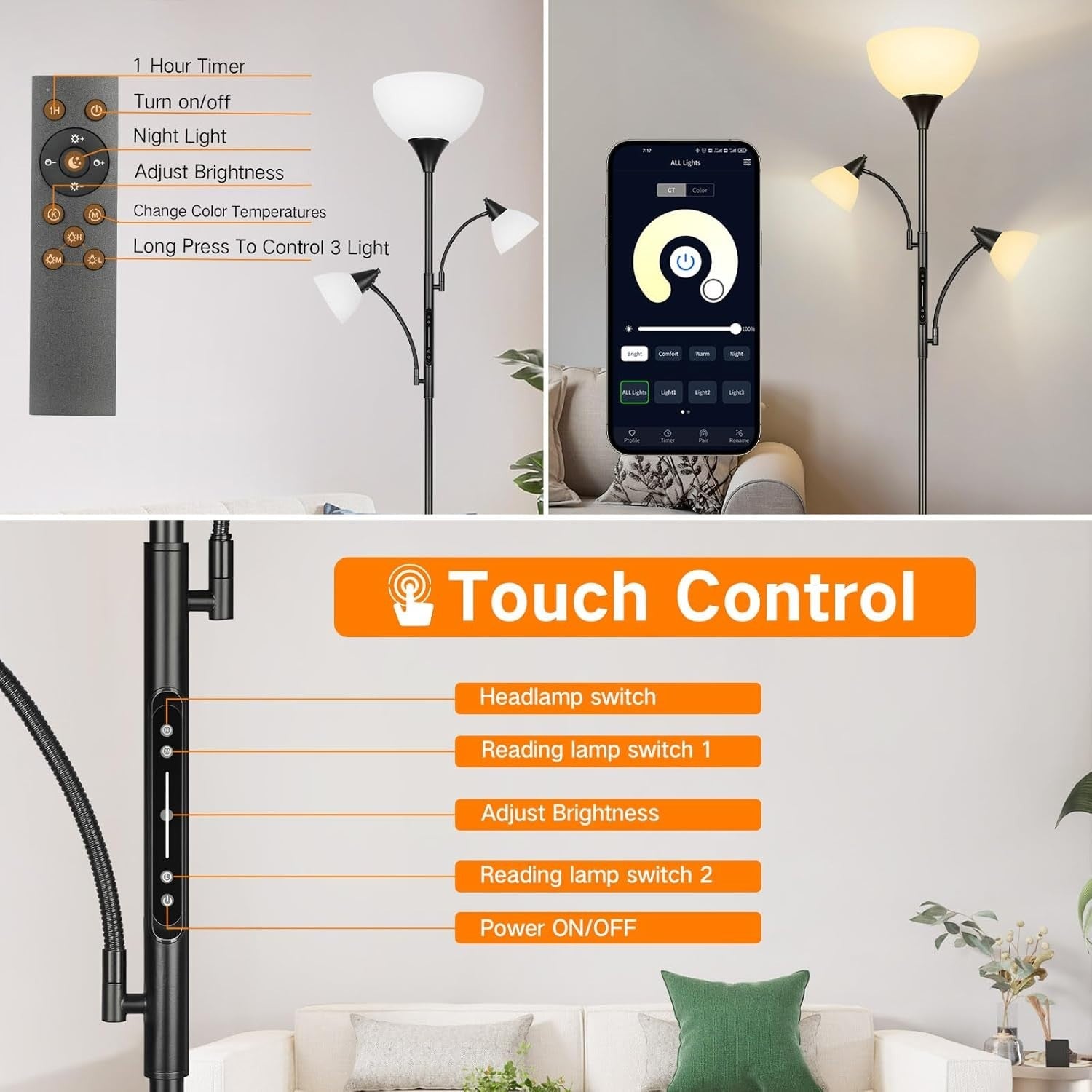 3-Light Modern Tree Floor Lamp, App Control, Dimmable, Adjustable Color