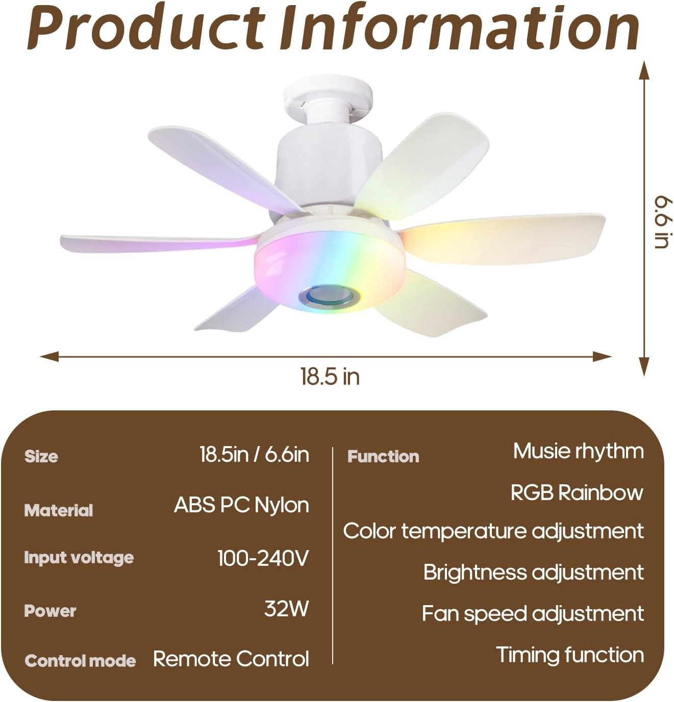 32W Ceiling Fan with Bluetooth Speaker, RGB LED, Remote, 3 Speeds