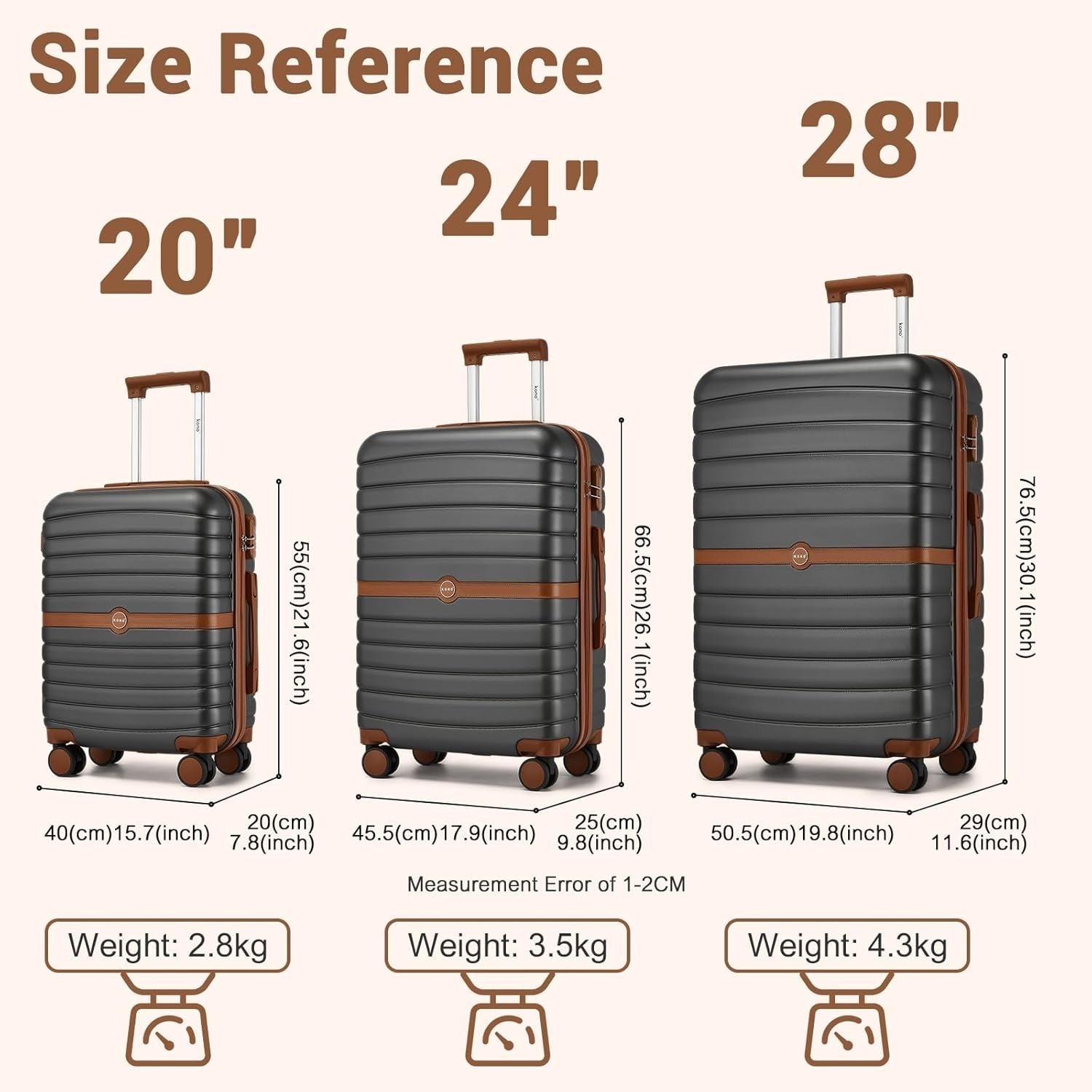 24'' Grey Brown Check In Suitcase ABS PC Hard Shell Spinner Wheels Lock