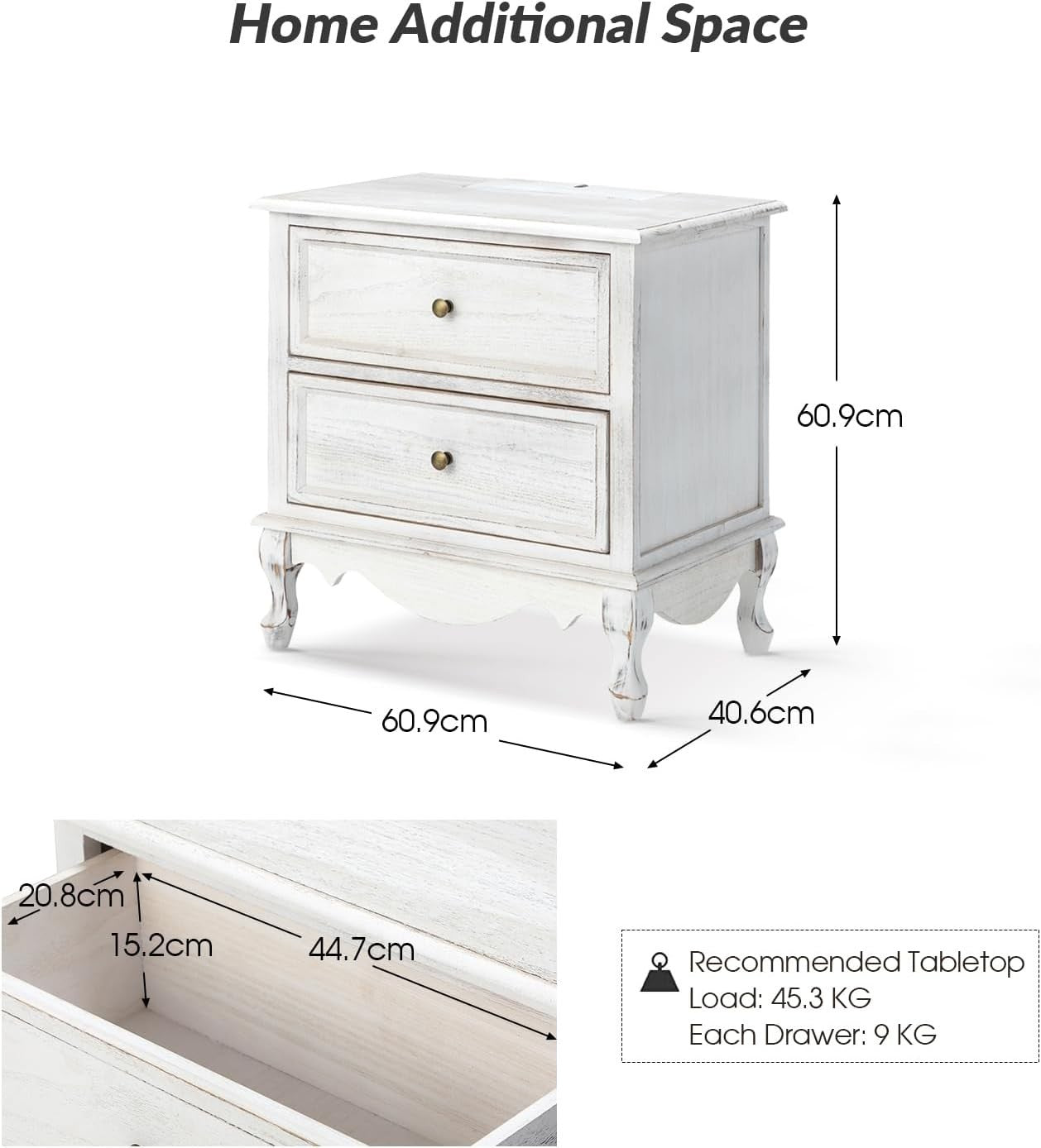 White Wooden Bedside Table with Drawers – Compact French Country Nightstand