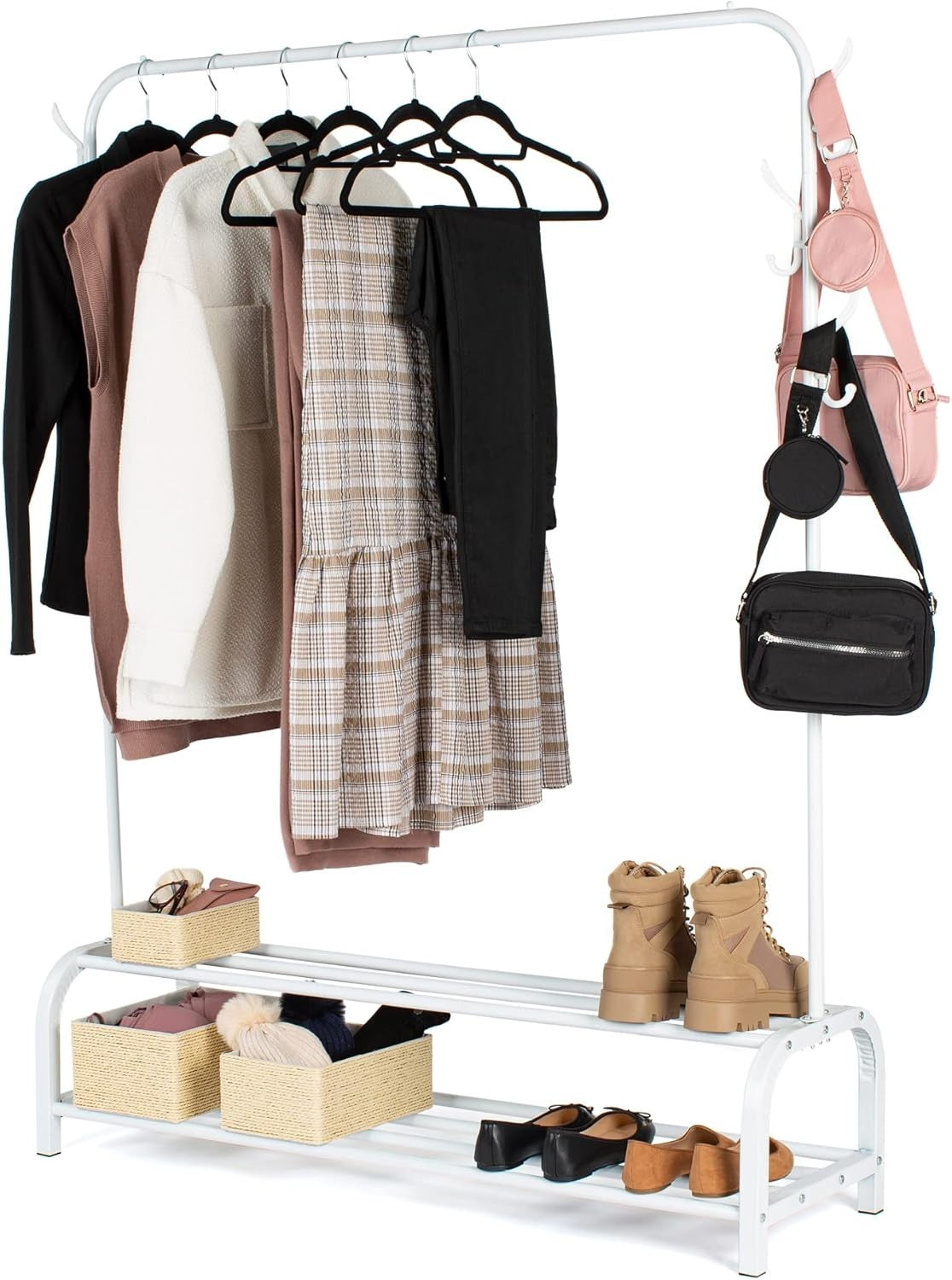 Heavy Duty Clothes Rail with 2-Tier Shoe Shelf & Hooks – White 150cm