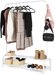 Heavy Duty Clothes Rail with 2-Tier Shoe Shelf & Hooks – White 150cm