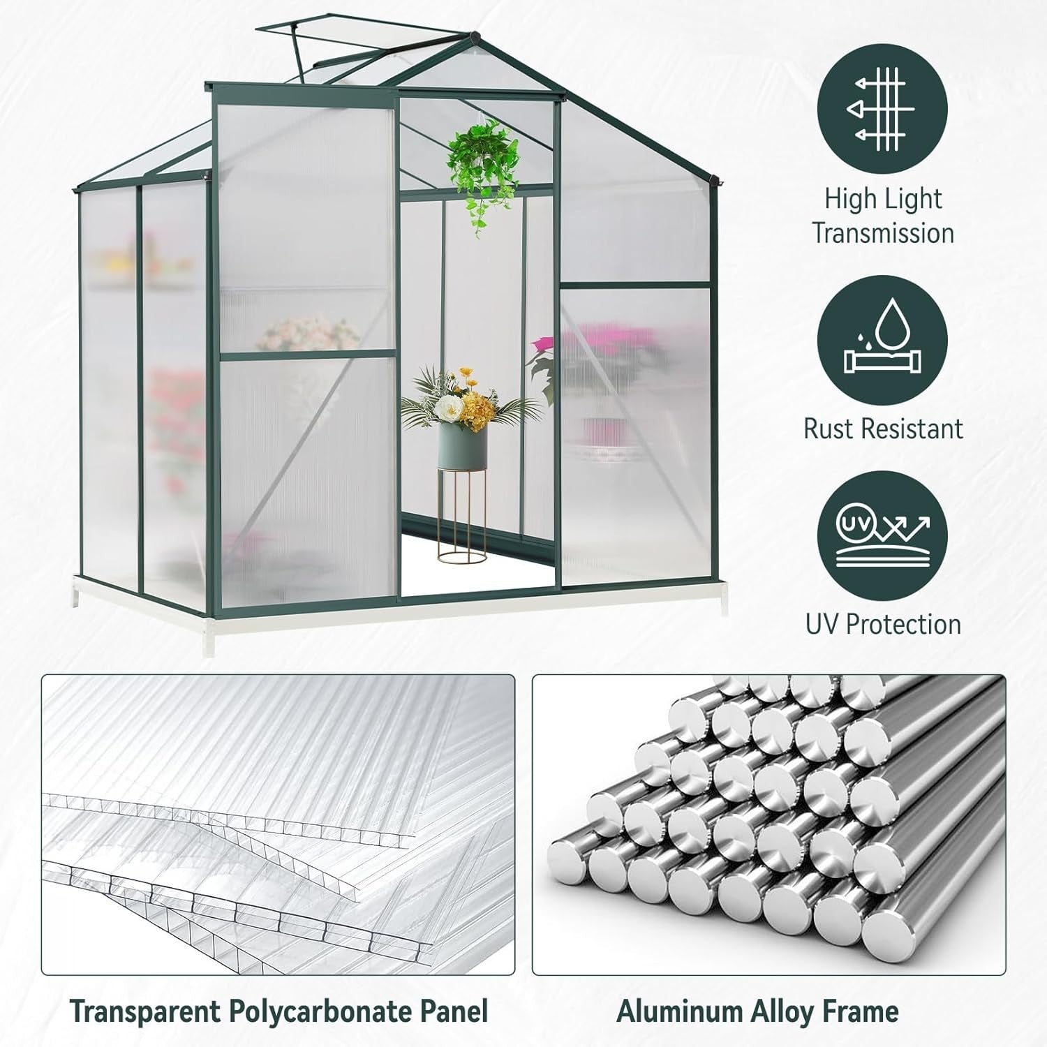 4x6FT Polycarbonate Walk-In Greenhouse with Base – Heavy Duty Aluminium Frame