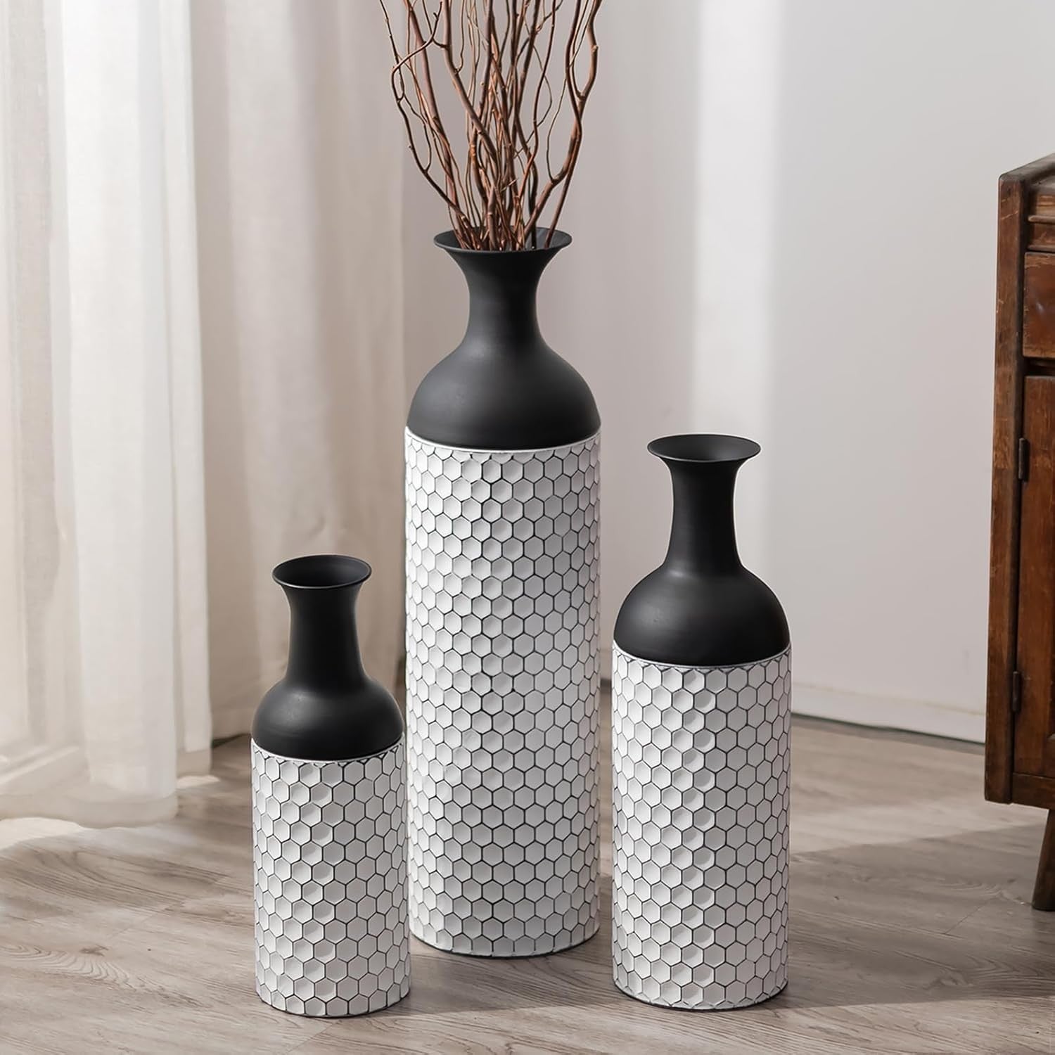 Tall Metal Floor Vase Set of 3 Black White Honeycomb Modern Home Decor