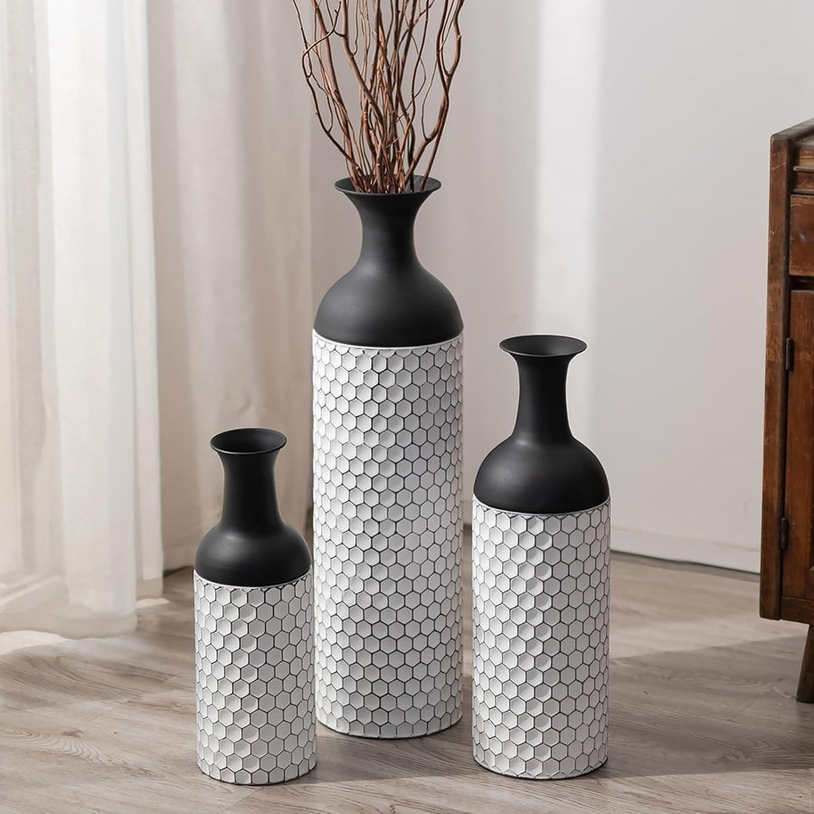 Tall Metal Floor Vase Set of 3 Black White Honeycomb Modern Home Decor