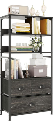 4 Tier Rustic Bookshelf with 3 Drawers Industrial Storage Cabinet Shelves Black