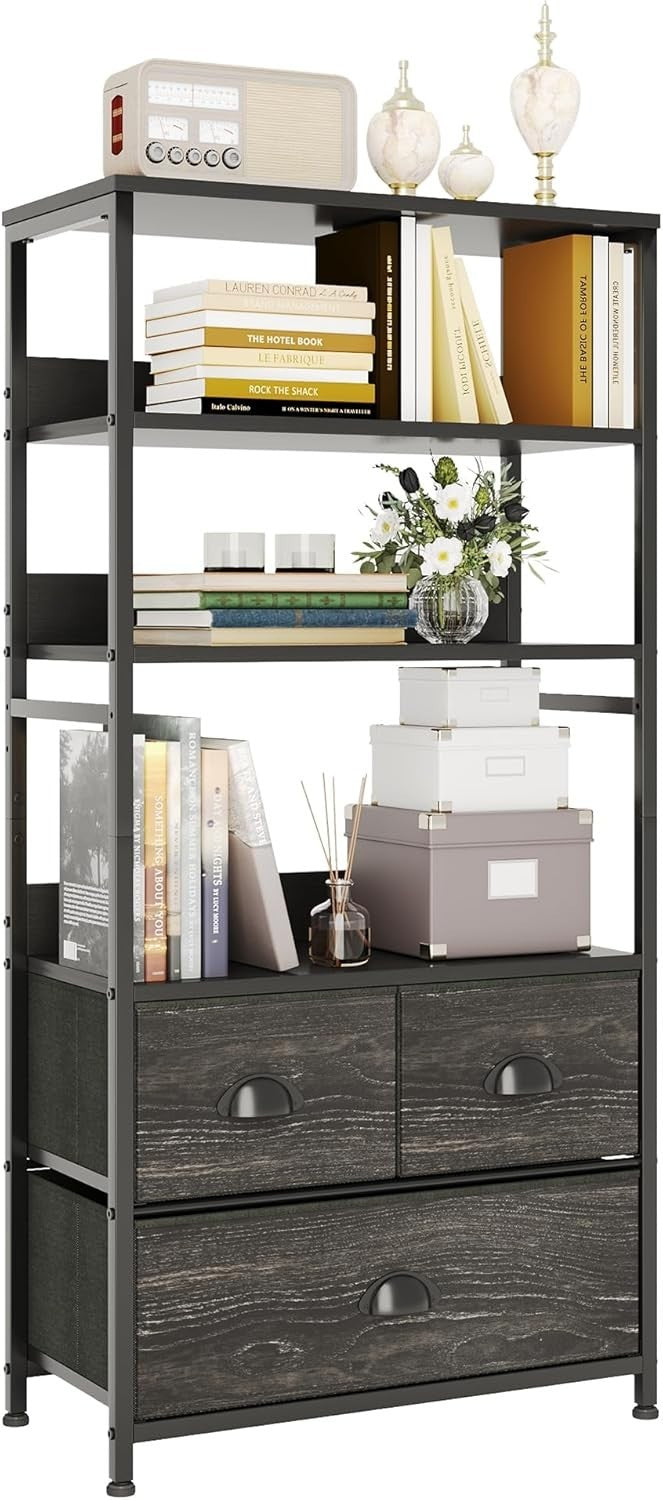 4 Tier Rustic Bookshelf with 3 Drawers Industrial Storage Cabinet Shelves Black
