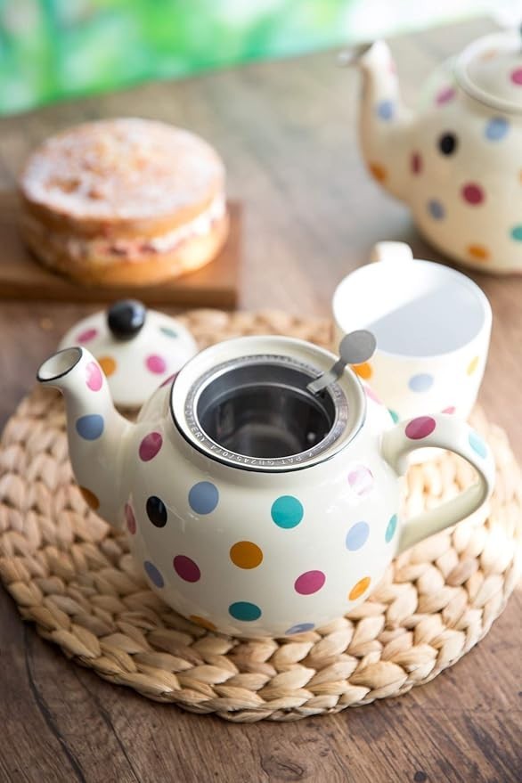 Ceramic Teapot with Infuser 1L Polka Dot Tea Pot 4 Cup Ivory
