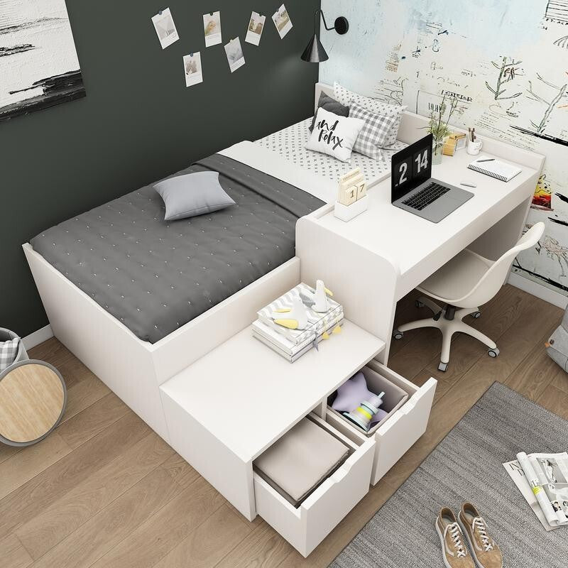 Kids Bed with Desk Storage Drawers 3FT Single White Bed Frame 90x190cm