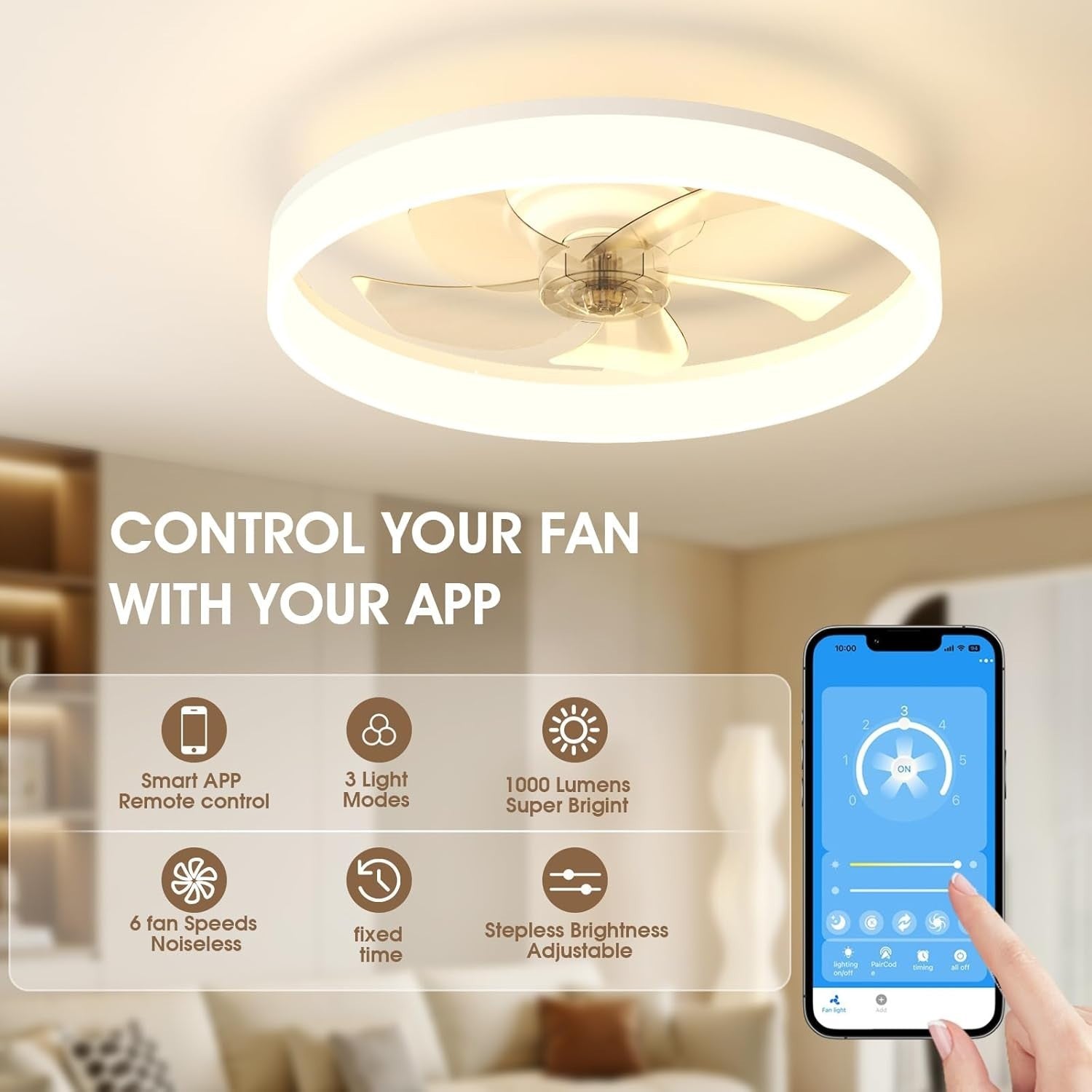 50CM LED Ceiling Light with Fan, Remote Control, 6 Speeds, Dimmable