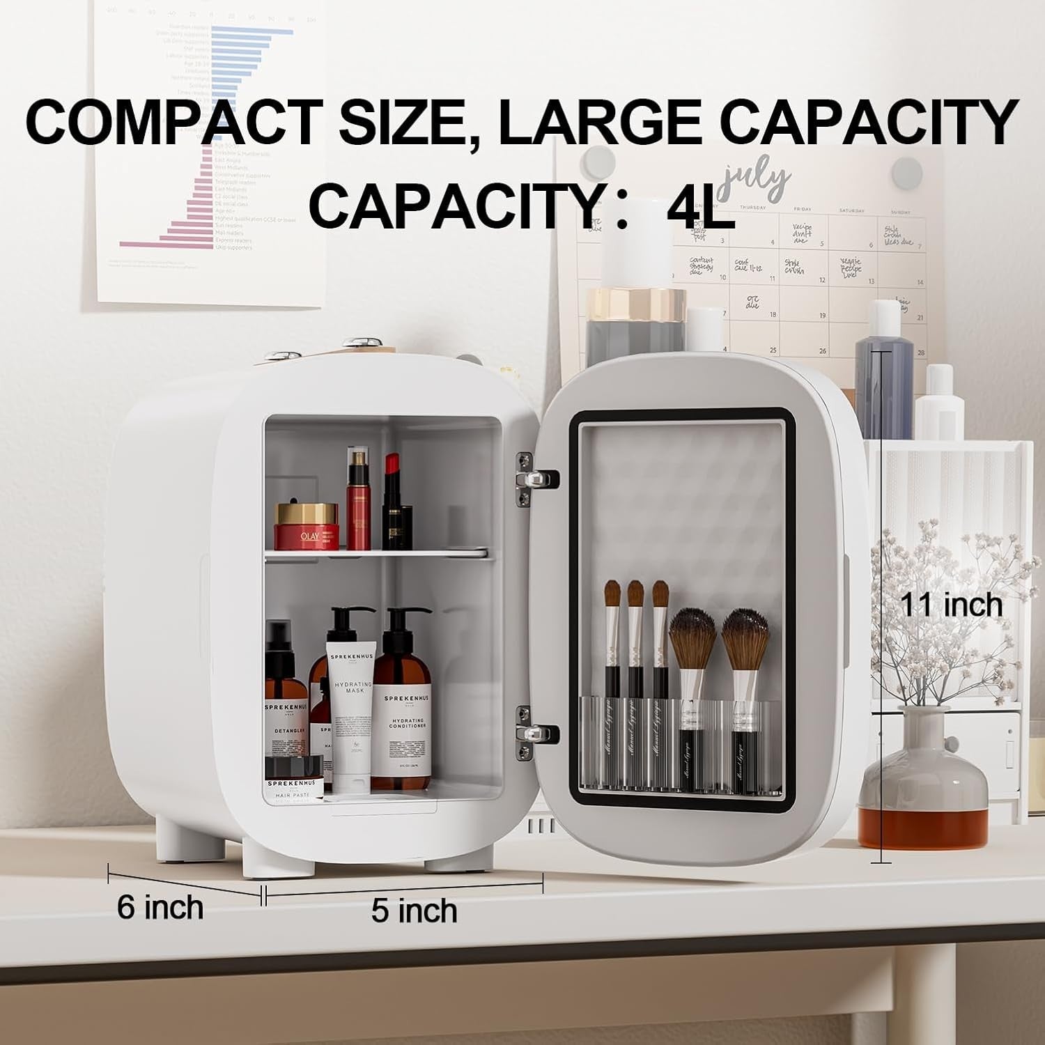 4L Mini Fridge Cosmetic Cooler & Warmer Portable Low Noise LED Mirror
