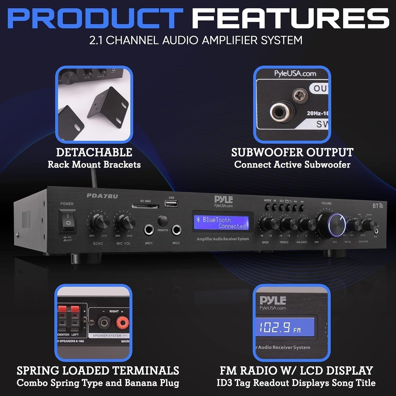 200W Bluetooth HiFi Amplifier 5 Channel Stereo AV Receiver USB FM