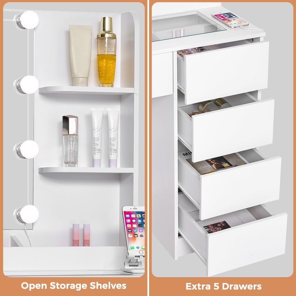 White Vanity Dressing Table Set LED Mirror Glass Top Charging Station 5 Drawers