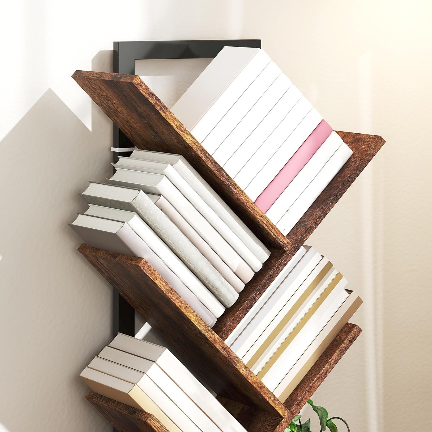 Industrial 5-Tier Tree Bookshelf with Steel Frame, Compact Storage Unit