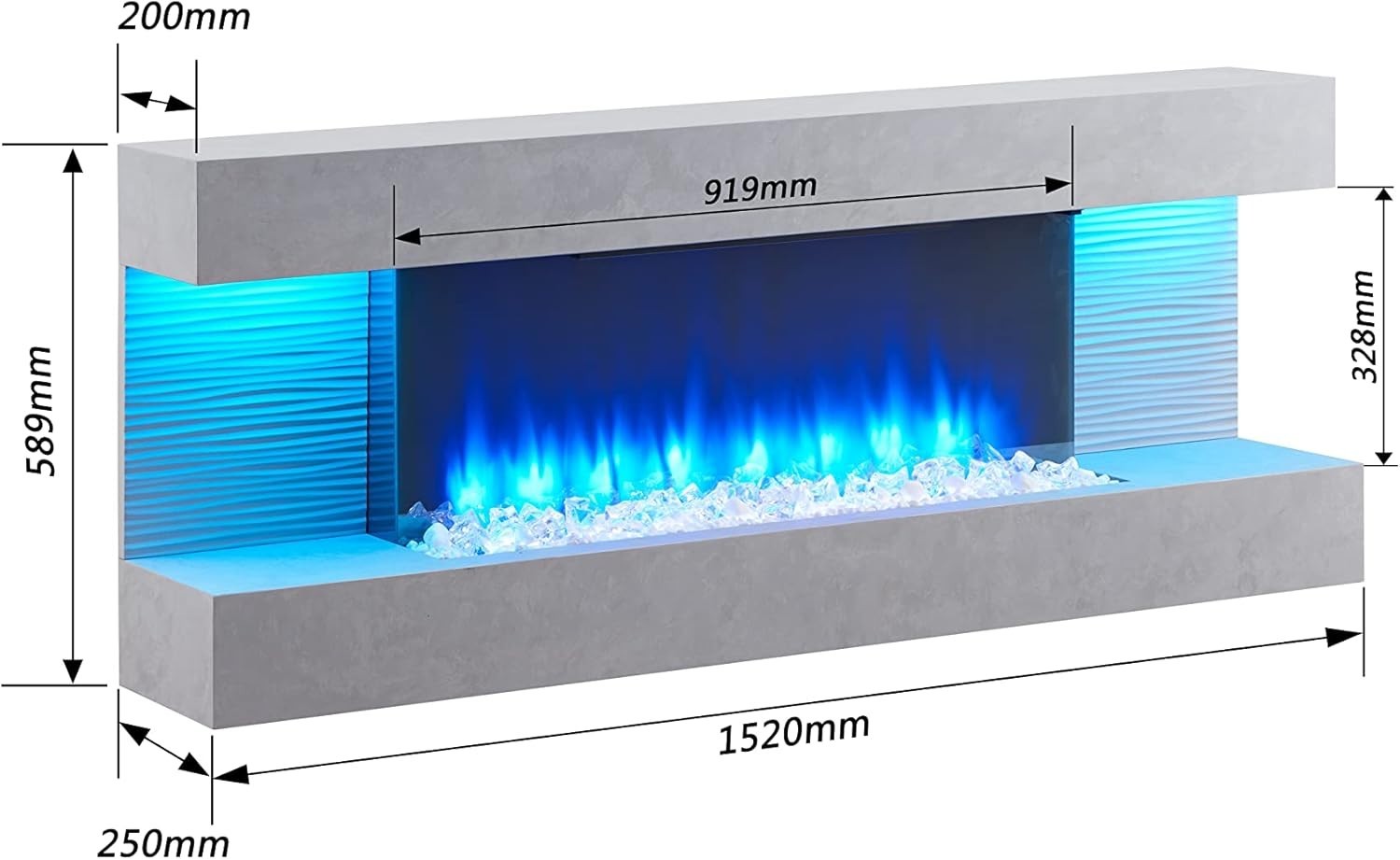 Wall Mounted Electric Fireplace 60" Cement Grey Modern LED Flame Heater