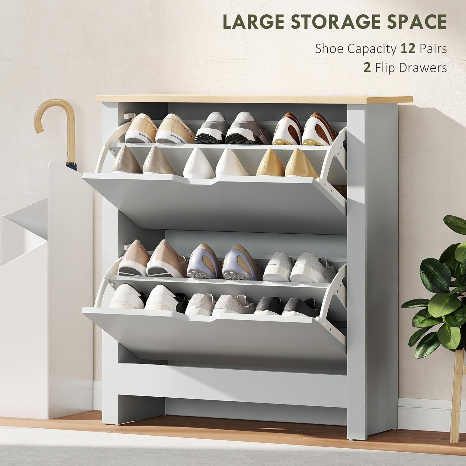 Slim Light Grey Shoe Cabinet 2 Flip Drawers Narrow Storage Unit Modern