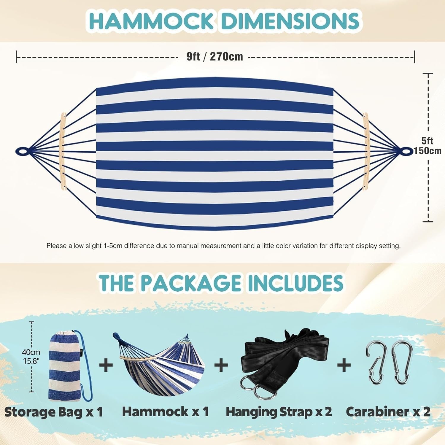 Outdoor Cotton Hammock with Spreader Bars & Tree Straps – Portable - Blue/White