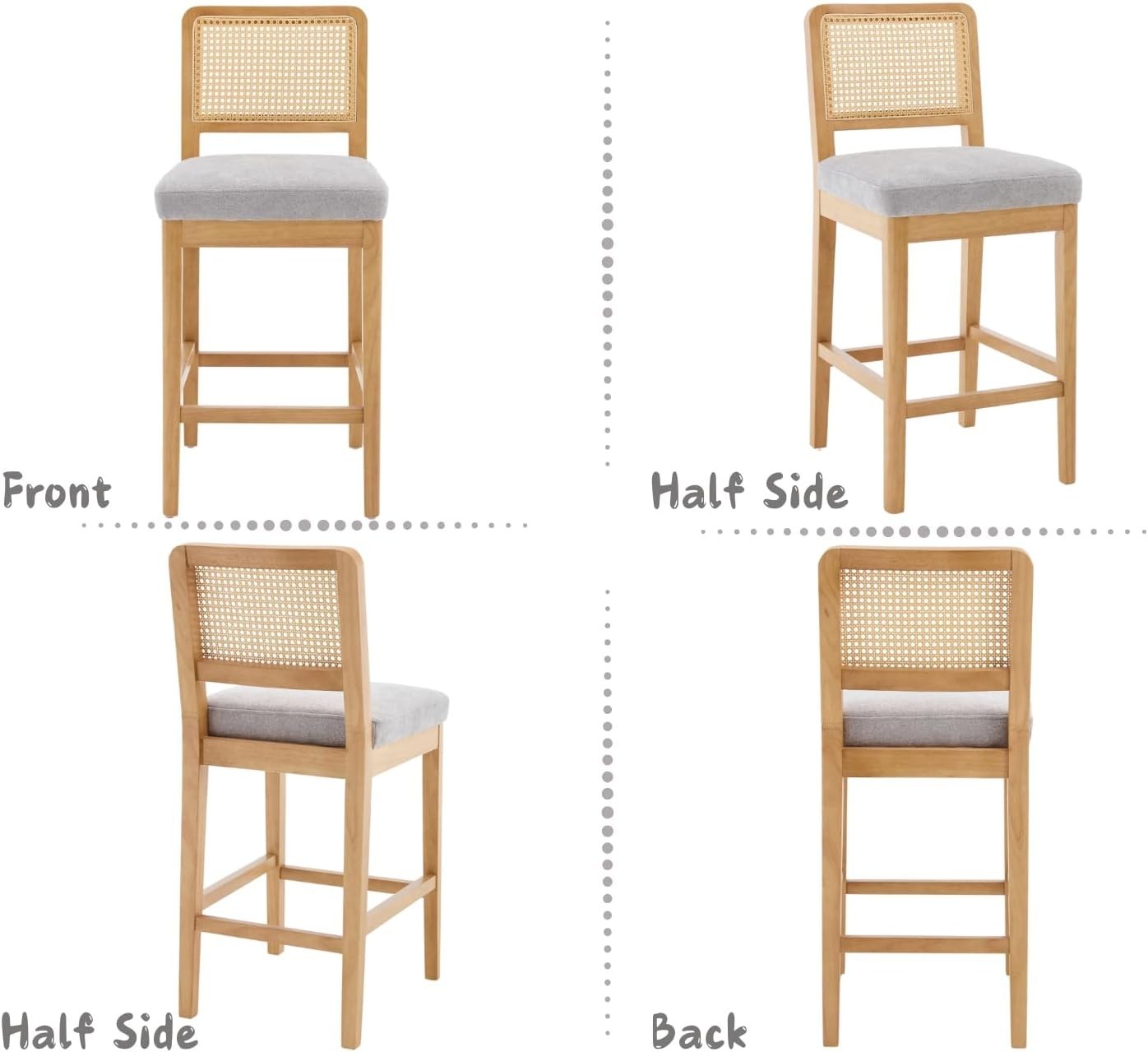 White Chenille Bar Stool Set of 4 with Rattan Back Wooden Legs