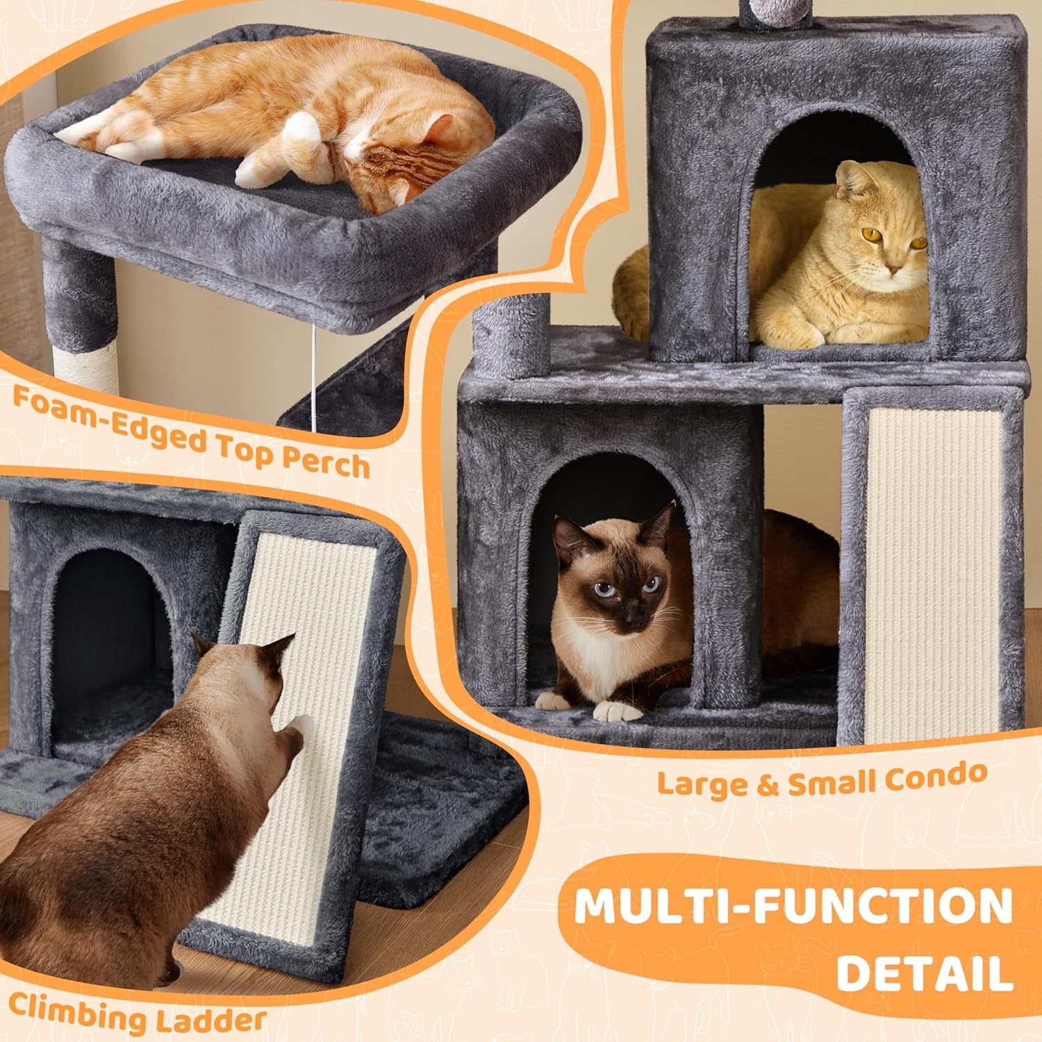 106cm Cat Tree Tower Multi Level Double Condo Scratching Post Dark Grey